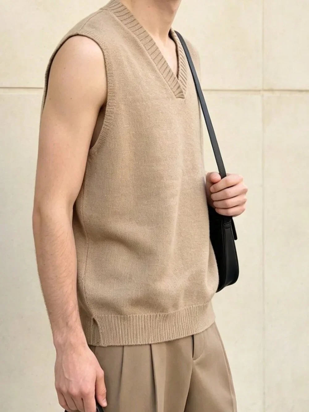 Khaki Casual Men's V-Neck Rib-Knit Split Unlined Pullover Knit Vest